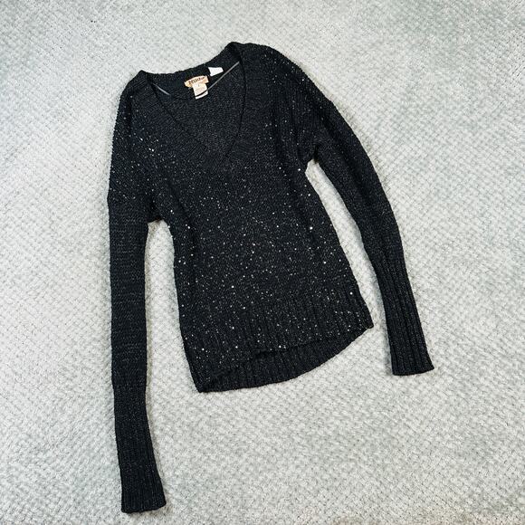 vintage y2k MUDD black sparkly sequin crochet coquette knit sweater wmns L - Picture 1 of 6